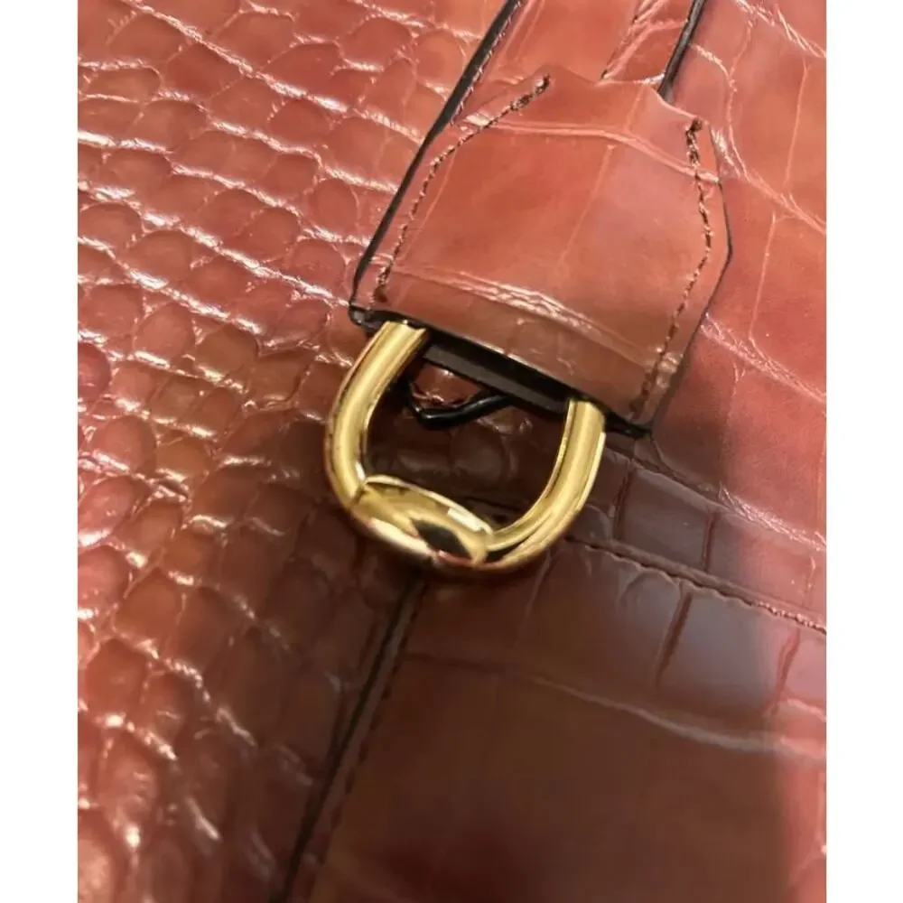 ANTONIO Melani Brown Croc Embossed TOTE Gold Buckle Womens HANDBAG